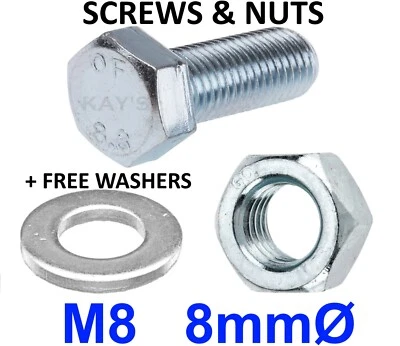 KAYFAST M8 (8mmØ) BOLTS AND NUTS FULLY THREADED ZINC PLATED SET SCREWS NUTS FREE WASHERS