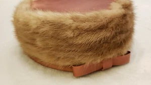 Natural Mink Fur Pillbox Hat Pink Vintage Satin Trim Hertzel's Baltimore in Box - Picture 1 of 9