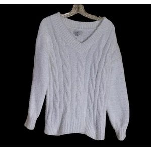 Suéter Lucky Brand Talla M Acogedor Pullover Blanco Tejido con Cable Esponjoso Difuso Cuello en V - Imagen 1 de 4