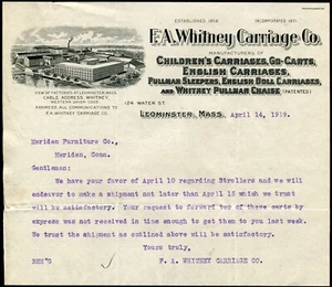 LEOMINSTER, MA ~ F. A. WHITNEY CARRIAGE Co., Mfrs. ~ ILLUS. LETTERHEAD 1919 - Picture 1 of 1