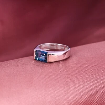 Naturale London Topazio Blu Anello, Smeraldo Taglio Per Uomo & Donna 925 Argento - Immagine 1 di 4