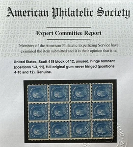 US Stamp Scott # 419 BLOCK OF 12 - 8x MNH + 4x MH - OG Genuine APEX Certificate - Picture 1 of 15
