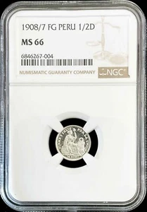 1908/7 OVERDATE SILVER PERU 1/2 DINERO SEATED LIBERTY COIN NGC MINT STATE 66 - Picture 1 of 2