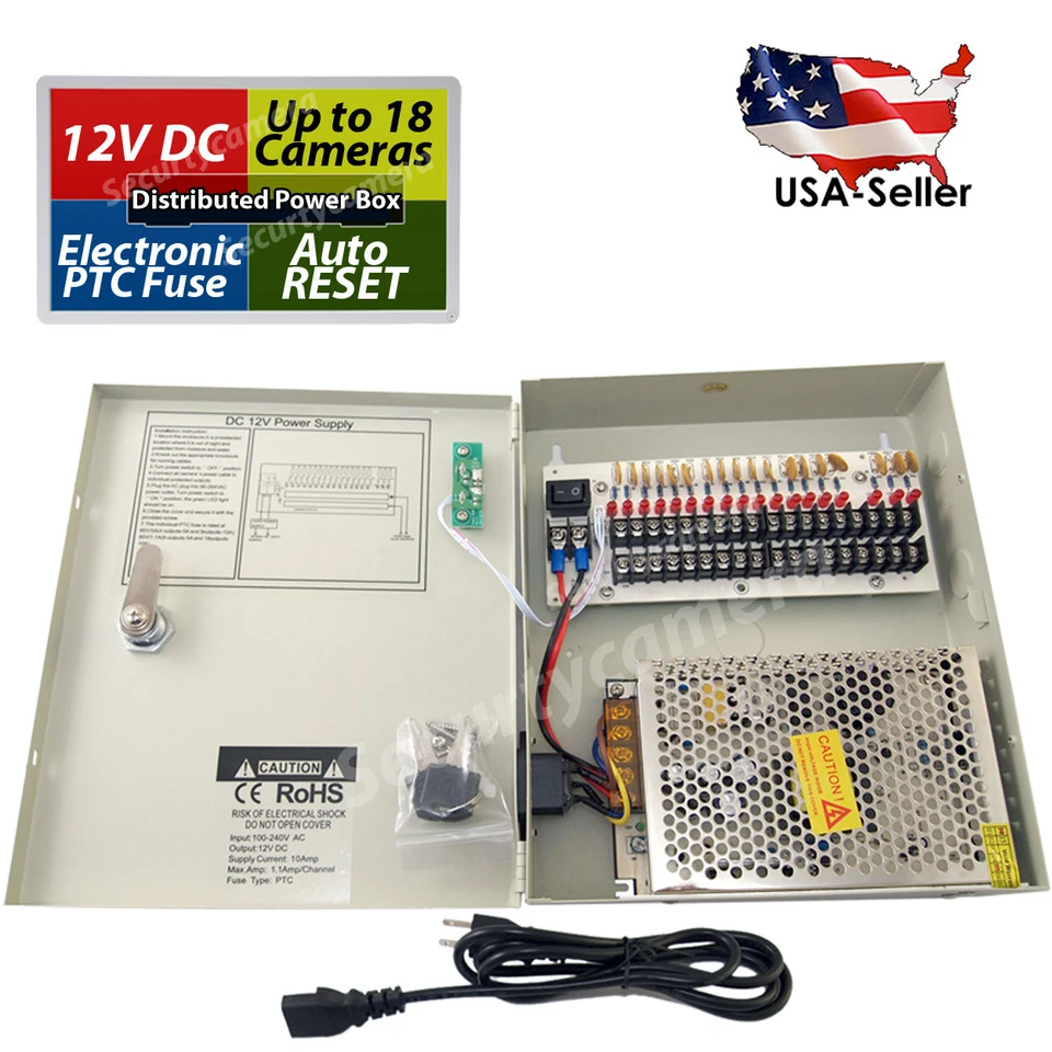 EVERTECH 16Ch Power Supply Box CCTV Security Cameras 18 Port 12V DC Auto Reset & Key Lock