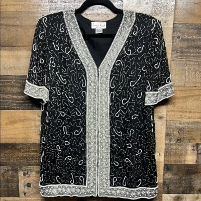 Chaqueta Trofeo Vintage Años 80 Laurence Kazar Negra Seda Perla Lentejuelas Cuentas Talla XL Foto 1 de 4