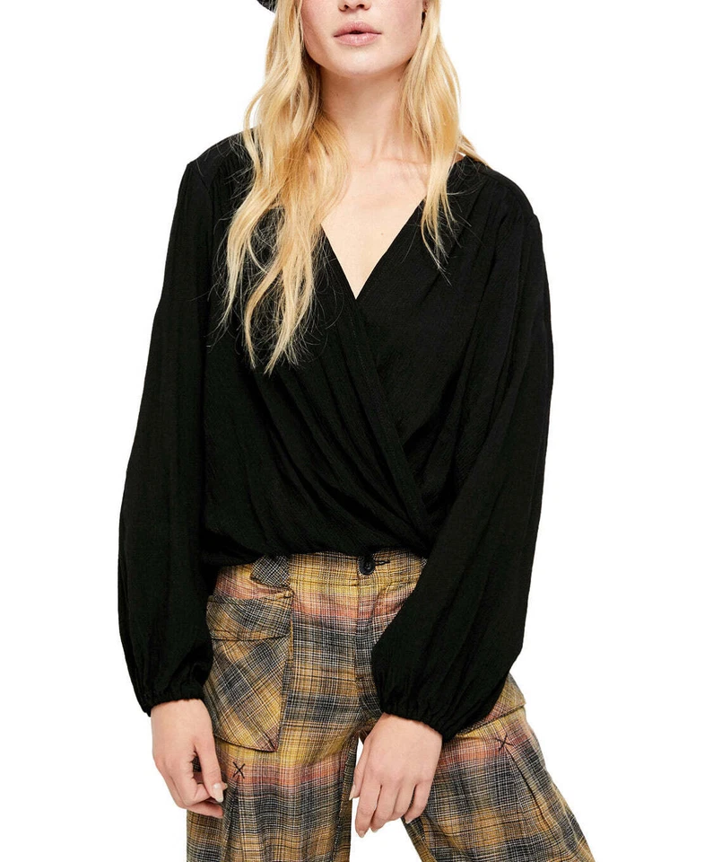 XS People Check on It Draped Wrap Balloon Sleeve Top OB1076865