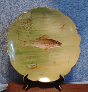 Antique Limoges France 8.5" Fish Plate Signed Hand Painted Red & Green Backstamp - Picture 1 of 15