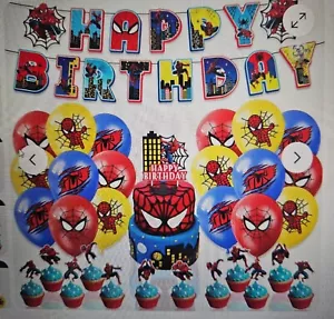 Juego de adornos para pasteles pancarta globo suministros decoración fiesta cumpleaños tema Spiderman - Imagen 1 de 17