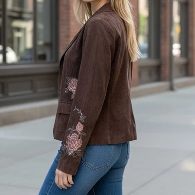 Nuevo Blazer Boho Frontier Y2K Gamuza Cuero Floral Bordado Marrón Talla 8 Foto 1 de 4