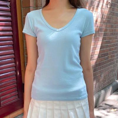 Brandy Melville Light Blue Safiya Short Sleeve Top Cotton T-Shirt V-Neck - Image 1 of 2