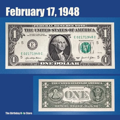 February 17, 1948 Birthday Anniversary $1 One Dollar Bill Serial Number 02171948 - Image 1 of 2