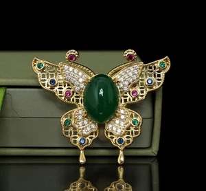 Fine Jadeite Jade 14K Gold Plated Women Brooch Pin Jewelry Gift With Box - Picture 1 of 9