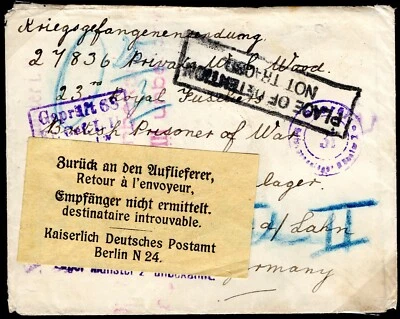 GB GERMANY WW1 POW Cover Retour Explanatory Label CENSOR M229a - Image 1 of 4