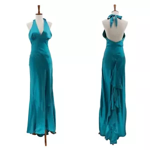 Dina Bar-El Women M Teal Blue Dress Maxi Halter Silk Gown Ruffle Vintage FLAW - Picture 1 of 15