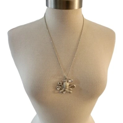 Ivory Enameled Octopus Pendant With Clear Crystals Silvertone Chain 24" Sea Life - Image 1 of 4