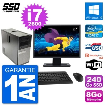 PC Tour Dell 7010 Ecran 27" Intel Core i7-2600 RAM 8Go SSD 240Go Windows 10 Wifi - Photo 1/3