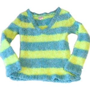 Justice warm soft shaggy furry long sleeve neon strip V-neck sweater size 14 - Picture 1 of 3