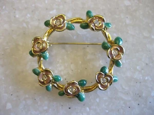 ANN KLEIN Circle Pin Brooch w/ Enameled Flowers Rhinestone Accents - Picture 1 of 6