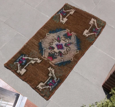 Alfombra felpudo oriental de lana tribal hecha a mano geométrica vintage 1x3 Foto 1 de 4