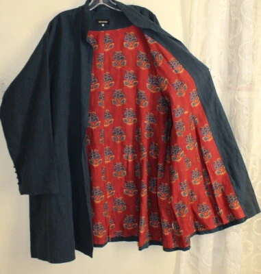 NUEVO Abrigo Chaqueta Eskandar Talla 2 Jean Denim Rojo Forrado Persa 38" Largo Lino  Foto 1 de 4