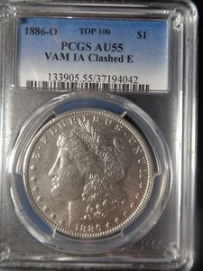 Dólar de plata Morgan 1886-O, TOP 100 PCGS AU 55 VAM 1A chocado E, moneda rara. - Imagen 1 de 3