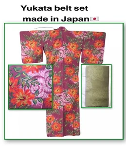 New Japanese Yukata Kimono silk BELT SET Cotton Iris Made in Japan flower - Picture 1 of 8