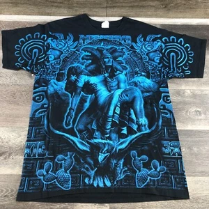 Camiseta Guerrero Azteca México Hombre’s L Negro Azul Gráfico Camiseta Estampado Completo - Imagen 1 de 8