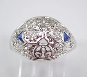 Antique Art Deco Diamond and Sapphire Ring 18K White Gold and Platinum Size 5.25 - Picture 1 of 8