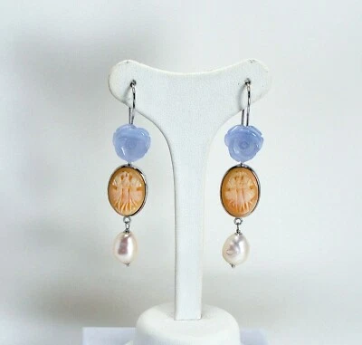 ORECCHINI IN ARGENTO 925 E ROSE DI CALCEDONIO CAMMEI CORNEOLA PERLE AGHT 0612 C - Immagine 1 di 3