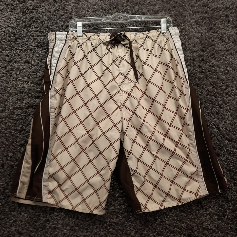 Burnside Board Shorts Men Large Brown Check Tie Front Swimwear - Image 1 of 4
