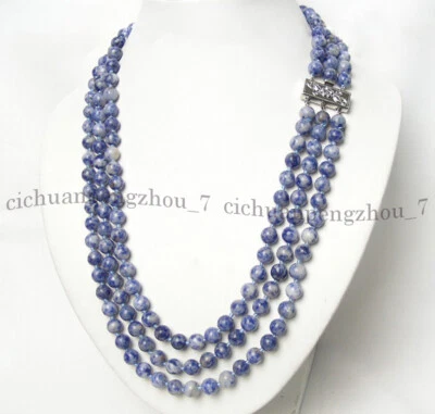 3 Rows Natural 6/8/10mm Blue Spotted Jasper Round Gems Beads Necklace 17-19'' - Image 1 of 4