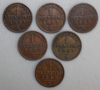 1863A-1868 German States Prussia 1 Pfennig Copper Assorted 6 Coin Circulated Lot - Image 1 of 3