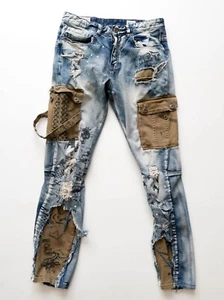 Smoke Rise Rip & Repair Washed Blue Skinny Mens Jeans 32 x 32 - Picture 1 of 14