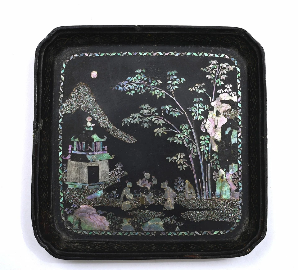 17C Chinese Lac Burgaute Black Lacquer Mother Pearl Dish Tea Tray Pagoda Figure - Image 1 of 4