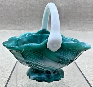 Vintage Imperial Chevron Green Slag Glass Basket w/ White Handle - Picture 1 of 5