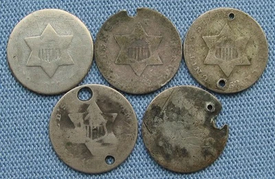 United States 3 Cent Silver Coins Lot of 5 - 1851, 1852, 1853  (3C three cents) - Image 1 of 4