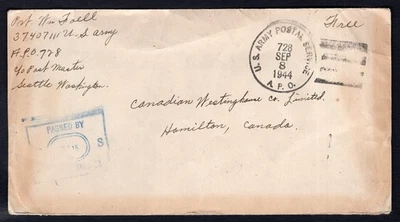 USA WW2 Military 1944 APO 728 Port Edward BC Canada Cover to Hamilton Alaska Hwy - Image 1 of 2