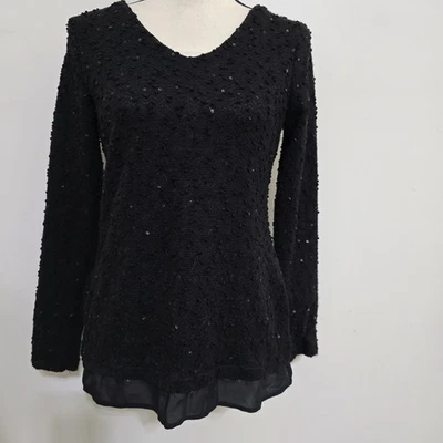 APT. Suéter de gasa con dobladillo negro con lentejuelas metálicas cuello en V mediano talla 9 Petite Foto 1 de 4