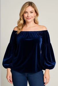 Damen Bluse Petersyn Blau Samt Off-Shoulder Gr. S Romantisch Luxus Urlaub Glam - Bild 1 von 13