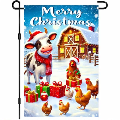 Merry Christmas Garden Flag Winter Festive Farm Animals Cow Chickens Flag Presen - Image 1 of 4