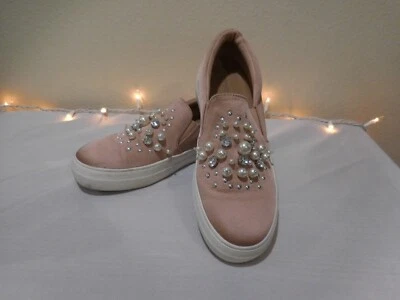 Mossimo Rosa Claro Malva Joya Blanco Cuentas Sin Cordones Mocasín Zapato Plano Suela Blanca 9 Foto 1 de 4