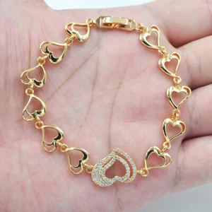 18K Yellow Gold Filled Women Clear Topaz Love Hearts Link Bracelet - Picture 1 of 1