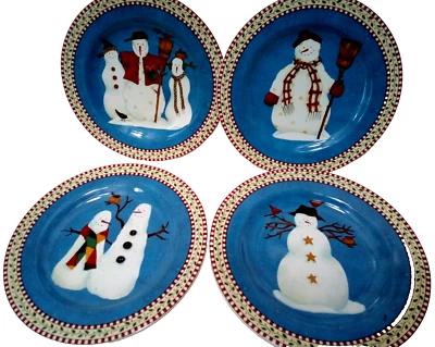 set 4 NIB SAKURA Debbie Mumm Snowman 8" LUNCHEON PLATES - Salad ~1998~ NIB - Image 1 of 4