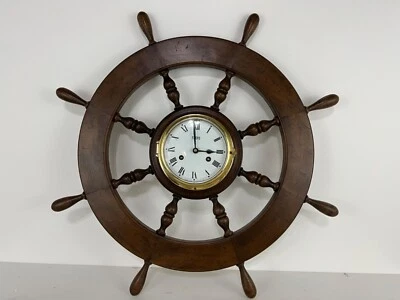 Vintage Trend Nautical Ships Wheel Wood and Brass Wall Clock - Image 1 of 4