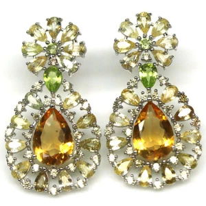 Gema Citrino Amarillo, Peridoto & Circonita Pendientes 925 Plata Oro Blanco - Imagen 1 de 4