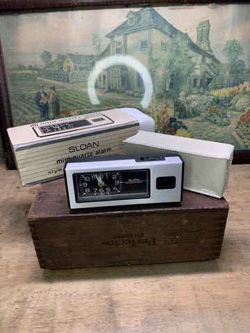 Vintage Sloan Mini Travel Quartz Alarm Clock w/ Case, Works-New In Box Cover