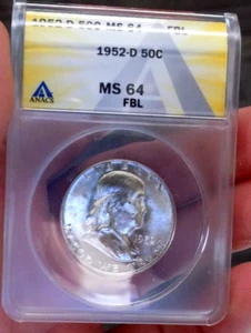 FRANKLIN HALF 1952 D ANACS MS 64 FBL BLAZING FROSTY WHITE - Picture 1 of 2
