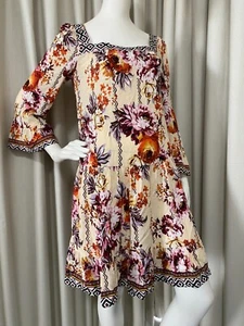 JAASE rose print frill hem BOHO DRESS 8 10 3/4 slv mini square neckline relaxed - Picture 1 of 13