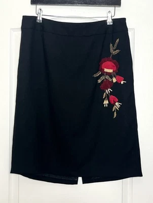 VTG Ann Taylor 100% Wool Embroidered Rose Black Pencil Skirt Sz 12 Lined Floral - Image 1 of 4