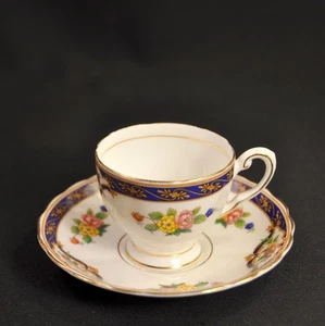 Plant Tuscan Cup & Saucer #C8068 Multi-Color Floral w/Gold Cobalt Band 1947-1960 - Picture 1 of 12